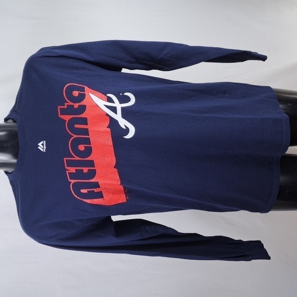 Majestic Atlanta Braves spellout LG blue & red baseball casual authenti t-shirt - Picture 1 of 5